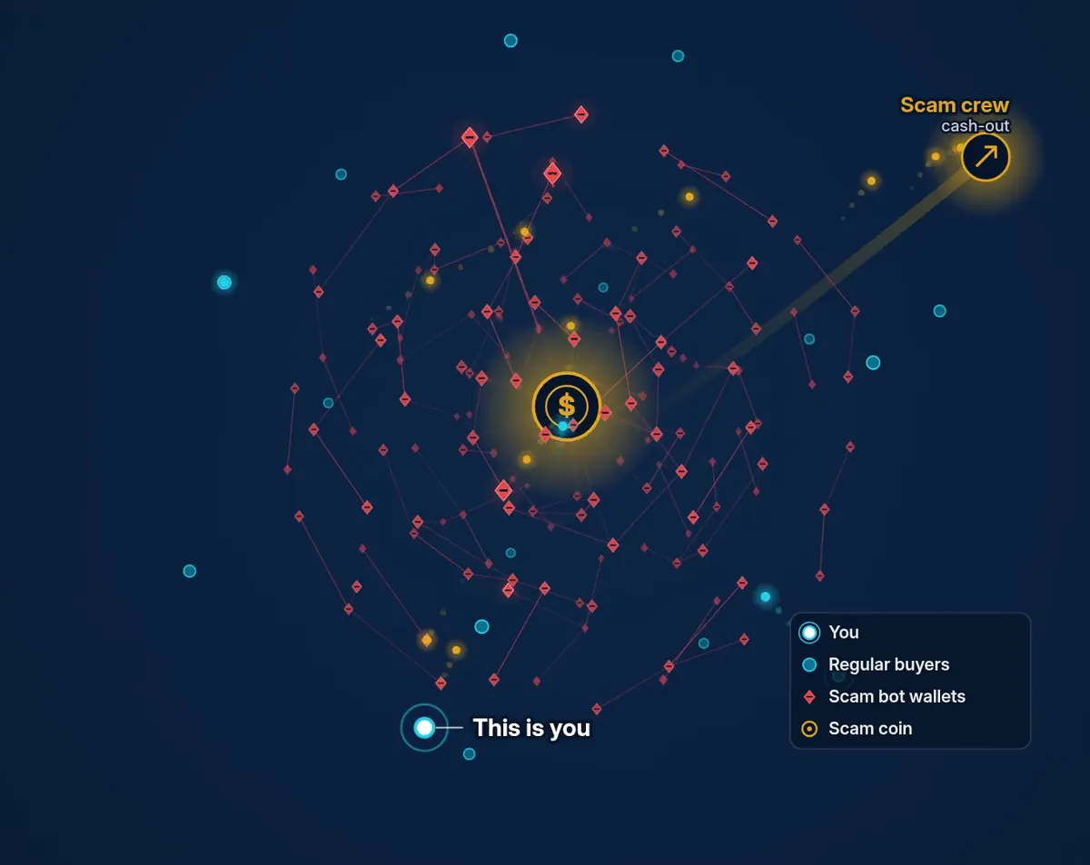 Still from our intro video: a swarm of bot wallets surrounds a coin while the money flows out to a cash-out wallet